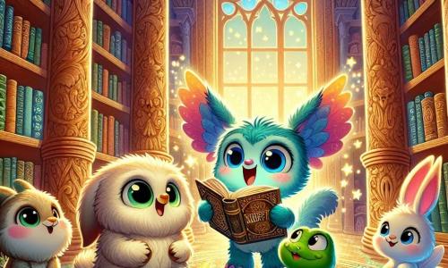 Wobble, a small character with large ears and bright blue fur, is at the center of the image, displaying an expression of excitement and curiosity. He holds an old open book in his small paws, with sparkling stars around him. Next to him, Fluff, an adorable rabbit with big ears and fluffy white fur, looks on with wide eyes, showing wonder. Tink, a small fairy with shiny, colorful wings, flies just above them, smiling enthusiastically, while Sniff, a wise little dragon with green scales and mischievous eyes, stands near Wobble, puffing a light cloud of smoke, his gaze focused on the book. The setting is the magical library of Tumblewood, with intricately carved wooden shelves reaching the ceiling, filled with books with shimmering covers. Sunlight filters through large windows, creating colorful shadows on the mosaic floor. The main scene shows Wobble and his friends discovering a shiny ancient key hidden behind an owl statue, surrounded by sparkling books, ready to solve the mystery that awaits them.