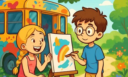Er zijn 2 hoofdpersonages: - Thomas: een 12-jarig jongen met rommelig bruin haar en een ronde bril. Hij draagt een blauwe t-shirt en een beige short. Hij staat met een penseel in de hand voor een kleurrijk doek. - Emma: een 12-jarig meisje met gevlochten blond haar en een stralende glimlach. Ze draagt een roze bloemenjurk en zit op een bank, omringd door verfpotten, terwijl ze Thomas aanmoedigt. De situatie speelt zich af in een oude bus die is omgebouwd tot atelier, geparkeerd onder een grote eik in een zonnig park. De muren van de bus zijn geschilderd in felle kleuren, met verfspetters overal. Buiten staan kleurrijke bloemen langs het pad en zonnestralen filteren door de bladeren van de bomen, wat een vrolijke en inspirerende sfeer creëert. De hoofdactie laat zien hoe Thomas, nerveus maar vastberaden, een doek schildert dat zijn unieke creativiteit uitdrukt, terwijl Emma enthousiast aanmoedigt, wat hun vriendschap en diversiteit viert.