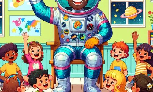 Un astronauta uomo, con un sorriso entusiasta, indossa una grande tuta spaziale blu brillante decorata con patch colorati che rappresentano pianeti e stelle. È seduto su una sedia di legno, circondato da bambini affascinati che ascoltano attentamente le sue storie di avventure spaziali. Tra i bambini, Lisa, una ragazza di 8 anni con capelli ricci e un vestito rosa, alza la mano con eccitazione per fare una domanda. Marco, un ragazzo di 9 anni con occhiali tondi e una maglietta verde, ride immaginando una fetta di pizza che fluttua nello spazio. Sofia, una ragazza di 7 anni con due codini e un vestito a fiori, è seduta a gambe incrociate, affascinata dai racconti dell'astronauta. La scena si svolge in un'aula luminosa, con muri decorati da disegni di stelle e pianeti e finestre che lasciano entrare la luce del sole, creando un'atmosfera calda e accogliente. L'astronauta racconta le sue esperienze nello spazio, mentre i bambini, seduti in cerchio intorno a lui, ridono e sognano viaggi interstellari e incontri con extraterrestri.