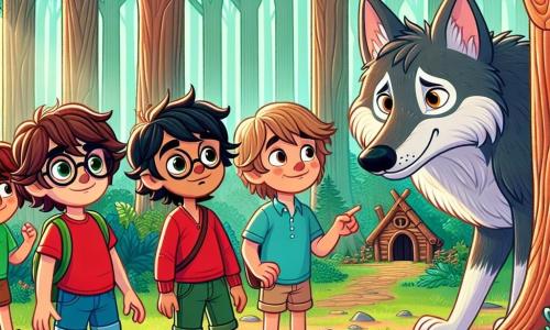 Em uma floresta mágica, quatro garotos corajosos estão juntos. Pedro, um menino de 10 anos com cabelos castanhos bagunçados e uma camiseta vermelha, observa com curiosidade o grande lobo. Ao seu lado, Miguel, um garoto de 9 anos com cabelos loiros e óculos redondos, parece um pouco preocupado, escondendo-se atrás de Pedro. João, um menino de 8 anos com cabelos negros e um suéter azul, aponta para a casa de madeira que os garotos construíram para o lobo. Por fim, Lucas, um garoto de 7 anos com cabelos castanhos e usando um short verde, sorri alegremente, pronto para receber o lobo. O local é uma floresta densa, cheia de árvores majestosas e folhas verdes brilhantes, com flores coloridas ao redor. A luz do sol filtra através dos galhos, criando sombras dançantes no chão coberto de folhas. A cena principal mostra os garotos e o lobo, que parece triste mas agradecido, se reunindo em torno da casa de madeira, simbolizando a amizade que está se formando entre eles. O lobo, com seu pelo cinza e grandes olhos suaves, observa os garotos com gratidão, enquanto eles riem e se divertem juntos, ilustrando a mensagem de que até os maiores medos podem ser superados pela bondade e amizade.
