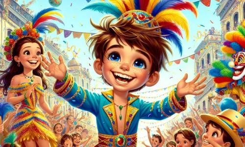 Um menino de 10 anos, Miguel, com cabelos castanhos bagunçados e um grande sorriso, usa um lindo traje de carnaval em cores vibrantes: azul, amarelo e vermelho, adornado com penas e brilhos. Ele dança alegremente no meio da multidão, com os braços levantados, transbordando de energia e excitação. Ao seu lado, sua mãe, uma mulher de cerca de 35 anos, com cabelos longos e ondulados, vestida com um vestido colorido e um chapéu festivo, o incentiva com um sorriso orgulhoso, segurando uma bandeira nas cores do carnaval. Um palhaço, um homem de cerca de 30 anos com um grande nariz vermelho e uma peruca colorida, faz malabarismos com bolas brilhantes, atraindo a atenção das crianças ao redor. A cena ocorre em uma rua animada da cidade de Alegria, decorada com guirlandas coloridas, balões flutuantes e luzes cintilantes, onde pessoas de todas as idades dançam e riem, criando uma atmosfera festiva e alegre. A situação principal mostra Miguel, no meio da festa, realizando sua missão de encontrar objetos mágicos para trazer ainda mais alegria ao carnaval, com estrelas brilhantes e flashes de luz ao seu redor, simbolizando a magia do evento.
