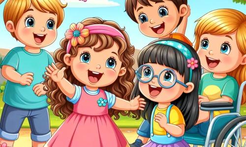 No centro da imagem, há cinco amigos alegres. Ana, uma menina de 3 anos com cabelos cacheados castanhos e um vestido rosa, observa maravilhada uma linda borboleta colorida que voa à sua frente. À direita dela, Pedro, um menino de 3 anos com cabelos loiros e uma camiseta azul, ri enquanto aponta para a borboleta. À esquerda de Ana, Sofia, uma menina com cabelos lisos e negros, usa uma saia amarela e sorri enquanto se agacha para observar os patins. Atrás deles, Tomás, um menino com cabelos castanhos e óculos, caiu no chão, rindo enquanto imita um avião. Finalmente, Joana, uma menina com cabelos lisos e um bonito vestido roxo, está sentada em sua cadeira de rodas colorida, sorrindo e olhando para seus amigos com alegria. O cenário é um parque ensolarado, com um grande carvalho majestoso ao fundo, flores coloridas espalhadas pela grama verde e um lago cintilante onde nadam patinhos amarelos. A situação principal mostra as crianças se divertindo juntas, fascinadas pela borboleta, ilustrando a magia da amizade e a alegria de compartilhar momentos de risadas e aventuras.