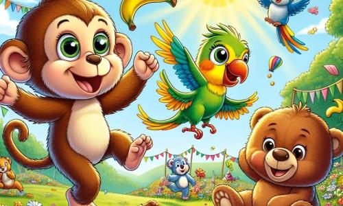 A joyful monkey named Max, with brown fur and sparkling eyes, stands on one leg, sporting a big smile while holding a banana with his tail. Next to him, Lola, a colorful parakeet with green and yellow feathers, flies in the air enthusiastically encouraging him, her wings spread wide. In the background, Benny, a brown teddy bear, sits in a pile of mud, laughing at his mishap, with a squashed banana on his head. The scene takes place in a sunny meadow filled with colorful flowers and festive flags fluttering in the wind, creating a cheerful and festive atmosphere. Max, while having fun, tries to keep his balance on one leg while juggling his banana, ready to join the hilarious animal race.