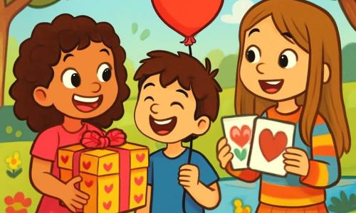 Una niña de 10 años, llamada Sofía, con cabello rizado y ojos brillantes, sonríe alegremente mientras sostiene una gran caja decorada con corazones. Lleva un vestido rosa brillante y medias de lunares, y su rostro irradia emoción y felicidad. A su lado, Lucas, un niño de 10 años con cabello castaño desordenado y una camiseta azul, ríe mientras sostiene un globo rojo en forma de corazón. Valentina, una niña de 10 años con cabello largo y liso, vestida con una falda colorida y un suéter a rayas, se acerca con una gran sonrisa, sosteniendo tarjetas de felicitación hechas a mano. La escena tiene lugar en un parque soleado, lleno de flores coloridas y grandes árboles verdes, con un estanque brillante de fondo donde patos nadan tranquilamente. Guirnaldas de corazones de papel flotan en el aire, añadiendo un toque festivo a la atmósfera. Sofía, Lucas y Valentina están preparando una búsqueda del tesoro especial para celebrar el Día de San Valentín, rodeados de risas y un ambiente alegre, mientras intercambian tarjetas y sorpresas.