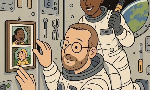 Un hombre astronauta de rostro redondo y barba corta, expresión serena y gafas finas, con el traje espacial blanco parcialmente abierto, presiona con firmeza una tira de velcro para fijar un pequeño marco de fotos al módulo; detrás de él flota ligeramente Amina, mujer astronauta de treinta y pocos años, piel oscura, cabello corto y rizado y sonrisa alentadora, sosteniendo una linterna magnética; en el marco se ven claramente una niña de unos 9 años con trenzas riendo y un bolso escolar y un niño de unos 10 con chubasquero junto a un árbol; el interior del módulo muestra paredes metálicas grises con paneles, botones coloridos, correas, herramientas magnéticas y velcro negro y beige, y un amplio ojo de buey que deja ver la Tierra; escena tierna y técnica en microgravedad: fijar fotos familiares con velcro con gestos precisos, burbujas de una sopa flotando al fondo y una atmósfera cálida y concentrada.
