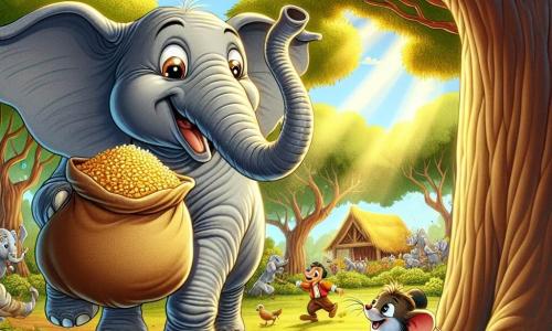 Un elefante felice di nome Emanuele, con la pelle grigia e grandi orecchie, si trova al centro della scena, sorridendo con occhi scintillanti di malizia, mentre tiene un sacco di mais con la sua lunga proboscide. Accanto a lui, un piccolo topo di nome Timmy, con il pelo marrone e occhi brillanti, si arrampica su un ramo, guardando con eccitazione il sacco di mais. Sullo sfondo, un cane di nome Fido, con il pelo dorato e un'espressione curiosa, si trova a terra, pronto a saltare. La scena si svolge in un boschetto verdeggiante, pieno di alberi con foglie brillanti e fiori colorati, con raggi di sole che filtrano tra i rami. Emanuele ha scoperto il sacco di mais rubato dagli uccelli e lo sta mostrando ai suoi amici, pronto a riportarlo alle galline affamate della fattoria.