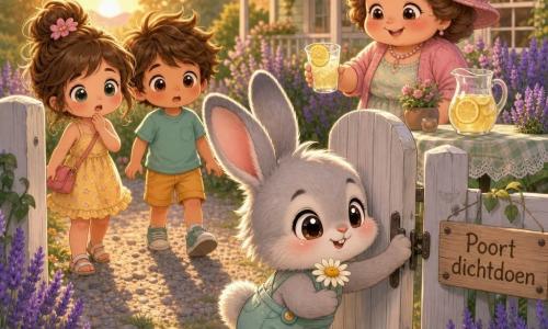 Flap, een klein chibi-konijn met grote grijze oren en pluizige vacht, sluit met een poot een houten poort en houdt een witte madelief tussen zijn vingers; Tante Roos, een mollig chibi-mens met een roze strohoed, lacht liefelijk en staat iets achter rechts bij een tuintafeltje met limonade; twee chibi-kinderen (meisje en jongen) met warrig haar en kleurrijke zomerkleding staan op het pad achter de poort, verrast en berouwvol, één voet nog op het grind; decor: plattelands tuin bij schemering met groen gras, paarse lavendel, grindpad, witte houten omheining met bord "Poort dichtdoen" en een pastel houten huis op de achtergrond in gouden zonlicht; hoofdactie: warm, kalm moment waarin het konijn de poort sluit om de tuin en bloemen te beschermen, zomerse pastelkleuren, lange schaduwen, sfeer van goedheid en veiligheid; grafische stijl: strakke lijnen, grote glanzende ogen, zachte texturen, pastelpalet (muntgroen, lavendel, lichtgeel, perzikroze).