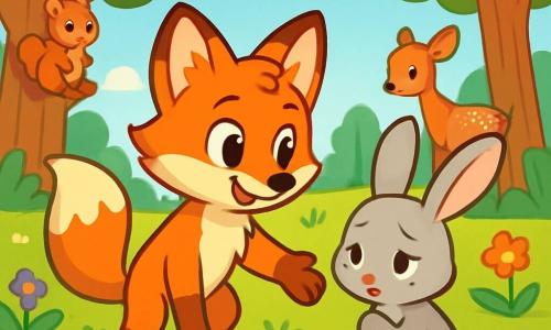 Ein junger Fuchs mit leuchtend orangefarbenem Fell, großen neugierigen Augen und einem warmen Lächeln steht entschlossen in der Mitte der Szene. Neben ihm schaut ein kleiner Hase mit großen weißen Ohren, weichem Fell und traurigen Augen schüchtern zu Boden. Im Hintergrund schafft eine sonnige Lichtung im Wald mit bunten Blumen und majestätischen Bäumen eine einladende und fröhliche Atmosphäre. Der junge Fuchs streckt seine Pfote aus, um den Hasen zum Spielen einzuladen, während andere Tiere wie ein Eichhörnchen und ein Rehkitz neugierig zuschauen und bereit sind, sich ihnen anzuschließen. Die Szene vermittelt ein Gefühl von Freundschaft und Unterstützung, indem sie den Moment zeigt, in dem der Fuchs den Hasen ermutigt, seine Schüchternheit zu überwinden.