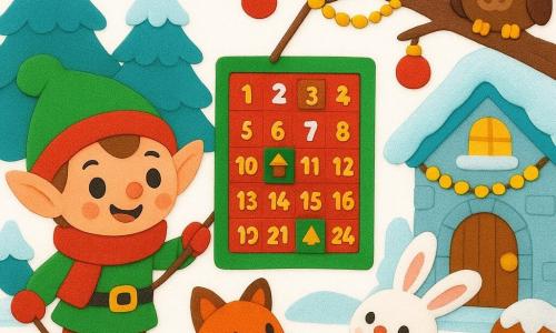 Personaggio principale: un piccolo elfo di Natale goffo e gioioso, orecchie appuntite, cappello verde con pon pon e grande sciarpa rossa, sorride mentre tiene una corda e appende un calendario dell'Avvento capovolto; la volpe: piccola volpina dal pelo arancione luminoso tiene la corda tra i denti e guarda l'elfo con tenerezza; il coniglio: coniglio bianco dalle lunghe orecchie salta vicino alla volpe applaudendo, eccitato; il gufo: gufo bruno dagli occhi grandi osserva divertito da un ramo; uno scoiattolo timido, rosso con la coda innevata, sta all'ingresso della casetta; luogo: radura innevata davanti a una casa di ghiaccio e pietra con ghirlande dorate, palline rosse e abeti imbiancati; situazione: l'elfo appende il calendario colorato capovolto, gli animali sorridono e da una finestrella del calendario spunta un cioccolatino, atmosfera calda e festosa; stile: forme semplici e tonde, colori pieni e vivaci, texture tipo EVA, contorni spessi neri, ombre morbide, composizione centrata e molto leggibile, adatta ai più piccoli.