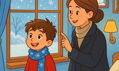 Un ragazzo di 8 anni, di nome Tommaso, con capelli castani disordinati e occhi pieni di curiosità, si trova vicino a una finestra. Indossa un grosso maglione rosso, una sciarpa blu con motivi di fiocchi di neve e calze spesse. Il suo viso esprime meraviglia e gioia mentre osserva i fiocchi di neve cadere dolcemente all'esterno. Accanto a lui, la mamma, una donna sulla trentina con capelli castani raccolti in un chignon, sorride affettuosamente mostrandogli il paesaggio invernale. Indossa un cappotto nero e una sciarpa di lana. La scena si svolge in una camera accogliente, con pareti dipinte di azzurro chiaro e poster di animali invernali appesi. La luce soffusa di una lampada crea un'atmosfera coccolosa, e un libro illustrato è aperto sul letto. Tommaso, incantato, ammira la neve che ricopre il giardino, mentre la mamma gli spiega la bellezza dell'inverno. I fiocchi danzano nell'aria, creando un'atmosfera magica e pacifica.