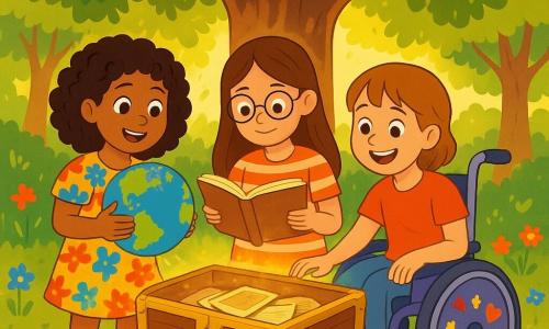 Ci sono 3 personaggi: - Giulia: una ragazza di 8 anni, con capelli ricci e occhi scintillanti. Indossa un vestito colorato a fiori e tiene un mappamondo in mano, sorridente e piena di energia. - Sofia: una ragazza di 9 anni, con capelli lisci e lunghi, che indossa occhiali rotondi. È vestita con una maglietta a righe e tiene un libro aperto, guardando attentamente la mappa. - Martina: una ragazza di 10 anni, con capelli corti e un grande sorriso. È su una sedia a rotelle decorata con adesivi colorati, osservando le sue amiche con entusiasmo. Le tre amiche si trovano in una bella radura circondata da alberi maestosi, con una grande quercia al centro. I raggi del sole filtrano tra le foglie, creando motivi luminosi sul terreno. Fiori selvatici dai colori vivaci punteggiano il suolo, aggiungendo un tocco di magia al luogo. La situazione principale della storia mostra le tre amiche che scoprono un antico scrigno alla base della grande quercia. Sono meravigliate, con gli occhi spalancati, mentre aprono il baule per rivelare scintillanti ricordi di famiglia, come foto e lettere antiche, illuminati dalla luce dorata del sole.