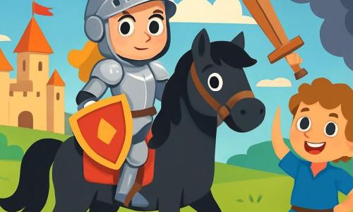 Una valiente caballera, Lía, se mantiene orgullosamente sobre su caballo negro, con una armadura brillante que brilla al sol. Su rostro expresa determinación y confianza, con ojos llenos de coraje. A su lado, un niño de 8 años, con cabello rizado y una sonrisa radiante, empuña una espada de madera, listo para ayudarla. Lleva una túnica azul y pantalones de cuero. Al fondo, se extiende un vasto campo verde bajo un cielo azul salpicado de nubes blancas, mientras un majestuoso castillo se alza a lo lejos, con sus torres puntiagudas y banderas ondeando. La escena principal muestra a Lía y al niño preparándose para enfrentar a un ejército amenazante que se acerca en el horizonte, con nubes oscuras que anuncian la tormenta.