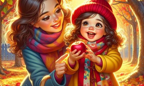 Una bambina di 2 anni, con grandi occhi brillanti e capelli ricci, indossa un vivace cappotto giallo e un berretto di lana rosso. Sorride gioiosamente mentre raccoglie mele rosse sotto un melo. Accanto a lei c'è sua madre, una donna di circa 30 anni, con lunghi capelli castani, che indossa una sciarpa colorata e un cappotto blu. La mamma aiuta la figlia a raccogliere le mele, ridendo e mostrando una bella mela a Giulia. Il luogo è una foresta autunnale, con alberi dalle foglie infuocate di rosso, arancione e giallo, e un tappeto di foglie cadute che crea un'atmosfera magica. I raggi di sole filtrano tra i rami, illuminando la scena con una dolce luce dorata. La situazione principale mostra Giulia e sua madre che si divertono a raccogliere mele, circondate dalla bellezza dei colori autunnali, creando un momento caldo e gioioso di condivisione tra madre e figlia.