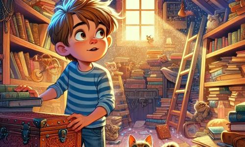 An 8-year-old boy, Max, with messy brown hair and sparkling curious eyes, stands in the center of the attic. He wears a blue striped t-shirt and denim shorts, his face showing a mix of excitement and worry. Next to him, Daisy, a small tabby cat with bright green eyes, weaves between old books, her ears perked up, ready to explore. The attic is a magical place, filled with old wooden trunks, dusty books stacked like mountains, and beams of light filtering through a dirty window, illuminating the dust in the air. Cobwebs glisten in the corners, adding a mysterious touch to the atmosphere. Determined, Max searches for Daisy, scrutinizing every corner of the attic, his hand reaching towards an ancient chest with strange patterns, as if hoping to find clues about his missing feline friend.