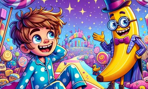 A 12-year-old boy named Max, with messy brown hair and sparkling curious eyes, is lying on a large pink polka-dotted pillow, laughing heartily. He is wearing blue pajamas with white stars and seems amazed by his surroundings. Next to him is a funny side character, an anthropomorphic banana with round glasses and a bowler hat, standing, smiling, and gesturing enthusiastically. The setting is a fantastical world filled with marshmallow trees, sparkling lemonade rivers, and unicycling ducks wearing top hats. In the background, a candy castle sparkles under a purple sky dotted with bright stars. The main scene shows Max laughing and ready to choose his adventure, while the banana encourages him to explore this whimsical and colorful world where anything seems possible and fun reigns supreme.