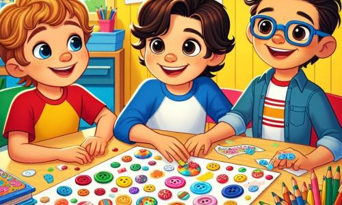 In a colorful classroom, three children are gathered around a large wooden table. Max, a 7-year-old boy with brown hair and sparkling eyes, sits in the center holding a large sheet of paper decorated with colorful buttons, smiling proudly. To his left, Leo, also 7, with curly hair and a red t-shirt, admires Max's work with wide eyes. To the right, Sam, wearing glasses and a blue sweater, holds shiny stickers, ready to add them to Max's collage. The classroom is filled with bright colors: the walls are painted yellow and blue, and children's drawings decorate the panels. Crayons, markers, and art supplies are scattered across the table, creating a joyful and creative atmosphere. The children laugh and share ideas, excited to create art together.