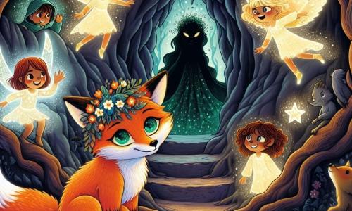 Ilustración que representa a un astuto zorro de pelaje anaranjado brillante, con ojos esmeralda llenos de determinación. Se encuentra valientemente al borde de una cueva oscura, listo para enfrentarse a la Bruja de las Sombras, con una expresión que mezcla nerviosismo y valentía. Cerca, un grupo de pequeños Pícaros de Luz, criaturas aladas de colores vivos, flotan en el aire. Una niña con alas brillantes y una diadema de flores mira al zorro con admiración y esperanza, mientras que un niño con una capa luminosa sonríe, animando a su amigo a avanzar. El lugar principal es una cueva misteriosa, rodeada de árboles retorcidos y matorrales oscuros, donde sombras bailan en las paredes. La luz de los Pícaros ilumina débilmente la entrada, creando un contraste impactante con la oscuridad circundante. La situación principal muestra al zorro firmemente frente a la entrada de la cueva, listo para entrar y recuperar la fuente mágica robada, mientras los Pícaros de Luz lo observan con expresiones de aliento y apoyo. Otros elementos gráficos incluyen sombras amenazantes que se perfilan dentro de la cueva, destellos de luz que emanan de los Pícaros y una atmósfera de misterio y aventura palpable en el aire.