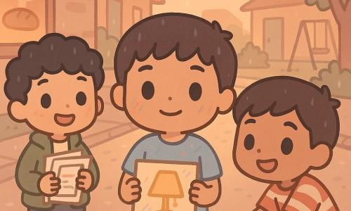 Three boys—Sami (about 7, short brown hair, olive skin, light blue crayon-stained T‑shirt, holding a honey-colored lamp drawing at center), Amin (about 7, curly black hair, fair skin, green jacket, holding a stack of drawings and smiling to the left), and Yusuf (about 7, dark brown hair, tanned skin, red-and-white striped T‑shirt, offering a small bag of cookies to an off-frame neighbor on the right)—stand on a neighborhood street at dusk with pale stone paving, low houses with painted wooden doors, hanging string lights, a bakery window on the left and a small playground with a swing on the right; they give their drawings to neighbors during Ramadan after a light rain that makes the wet cobbles gleam and leaves droplets on hair, all depicted in a warm palette (soft oranges, honey yellows, pale pinks, dusky blues) with crisp textures (crayon, wrinkled paper, polished wood, wet cobbles) in a minimal kawaii style: round faces, big bright eyes, simple features, thick outlines and flat colors.