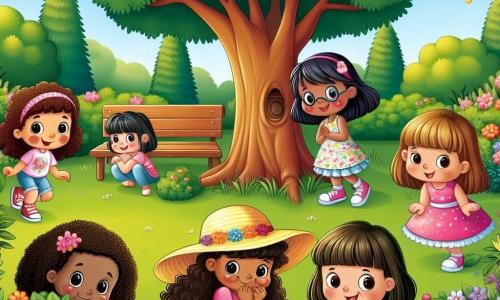 In a sunny park, five little girls are gathered. Mia, a 7-year-old with curly brown hair, wears a pink t-shirt and denim shorts, hiding behind a large tree with a mischievous smile. Ella, a 6-year-old in a sparkling blue dress, crouches behind a wooden bench, her eyes sparkling with excitement. Lily, a 7-year-old in shiny red shoes, hides in a lush bush, her head peeking out slightly. Ava, a 6-year-old wearing a large yellow sun hat, hides behind a colorful flower bed, laughing softly. Sophie, a 7-year-old in a blue wheelchair, is in the center of the image, smiling and cheerful, ready to seek. The park is filled with colorful flowers, majestic trees, and vibrant green grass under a clear blue sky dotted with a few white clouds. The girls are playing hide and seek, with Sophie counting joyfully to ten while her friends hide with laughter and giggles. The atmosphere is joyful and friendly, illustrating the magic of friendship.