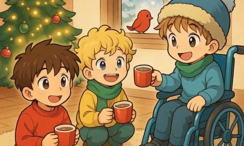 There are three main characters: - A boy named Jamie, about 6 years old, wearing a bright red sweater, with tousled brown hair, sitting on the floor holding a toy cup. - A boy named Max, about 5 years old, wearing a green scarf, with curly blond hair, crouching next to Jamie with a big smile. - A boy named Theo, about 6 years old, in a bright blue wheelchair, with a fluffy hat, extending a cup towards a small bird at the window. The setting is a warm and welcoming living room, with a Christmas tree sparkling with golden lights and colorful decorations. A plush carpet is scattered with toys, and a window shows snow gently falling outside. The main scene shows the three boys joyfully sharing cups of 