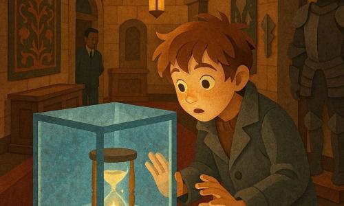 An eleven-year-old boy, Rowan, with a thin face, freckles, messy chestnut hair, an awed, curious expression, hands on the display case and leaning forward as if listening, wearing a gray wool coat and worn navy trousers; a museum guard, about 40, blurred in the background in a dark uniform stands near an open door to the left watching the group of children from behind Rowan; a magical hourglass sits in the central glass case: a small antique glass sand timer with pale sand rising upward and a tiny glowing spark floating in the sand, the glass showing bluish reflections and a light frost; the setting is a large museum gallery with brown-ochre stone walls, varnished wooden display cases, a worn red carpet, hanging lanterns casting long soft shadows, and tapestries and medieval armor framing the scene; main action: Rowan discovers the upward-leaking, apparently speaking hourglass—centered composition on the illuminated case, warm contrast between the golden spark and the case’s cool tones, a mysterious but safe atmosphere, in a paper-cutout style with visible paper textures, cut edges, and layered elements.