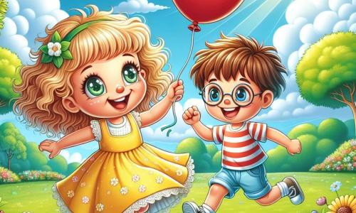 A 6-year-old girl named Lily, with big bright eyes and curly blonde hair, wears a pretty yellow dress that twirls around her. She has a radiant smile and looks full of joy, holding a bright red balloon in her hand. Next to her is a 6-year-old boy named Sam, with brown hair and round glasses, grinning widely as he plays with the balloon. They are both on a large green carpet in a sunny park, surrounded by trees with vibrant green leaves and colorful flowers dancing in the wind. The main scene shows Lily and Sam laughing together, running and playing catch with the balloon, filled with happiness and friendship under a clear blue sky dotted with fluffy white clouds.