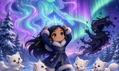 Anana, joyful but focused with a soft smile and bright eyes and long black hair, wearing a dark blue fur-trimmed coat, holds a small glowing frost crown on her head; a benevolent North Wind spirit hovers above as a translucent aurora silhouette; four playful arctic fox kits circle her near her boots; a threatened shadow spirit recoils as a dark, blurry, wispy blot; the setting is a snowy clearing under a starry sky with frosted pines and violet-green aurora; the crown's soft blue light repels the shadow as foxes dance and an auroral veil protects her, warm composition in cool pastel tones, magical comforting chibi style with round features, big heads and childlike proportions.