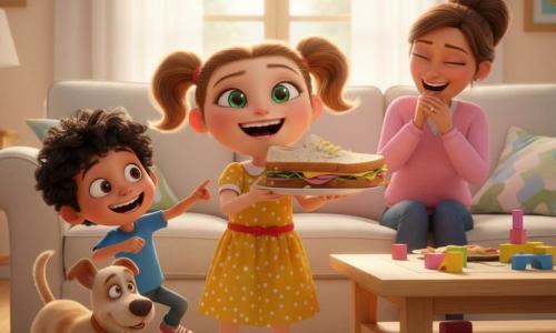A joyful, mischievous 6-year-old girl with large bright green eyes and light chestnut pigtails, wearing a yellow polka-dot dress and red sneakers, proudly holds a large shoe-shaped sandwich on a plate and laughs; a boy of about 6 (Max) with messy black hair and a wide grin in a blue T‑shirt runs beside her pointing at the sandwich, amazed; a woman (the mother, ~30) with tied brown hair in a pink sweater sits on a cream sofa behind them, laughing with a hand over her mouth; a medium beige dog (Buster) with floppy ears tugs the corner of the sandwich in its mouth and trots around; setting: bright cozy living room with a cream sofa, light wood coffee table, sheer curtains, scattered toys and soft sunlight; centered composition, warm colors, exaggerated expressions, textured plush-like details, visible crumbs and a soft, comic atmosphere.