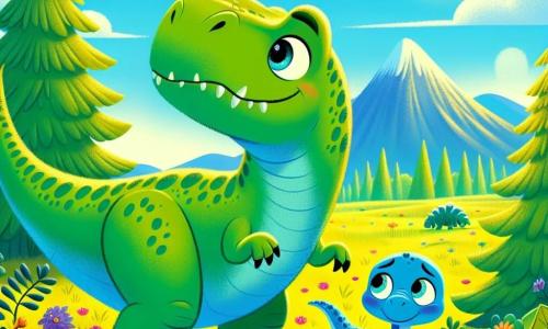 Un Tyrannosaurus Rex pe nume Tino, cu o piele verde strălucitoare și solzi lucioși, stă în mijlocul unei pajiști însorite. Ochii săi mari și rotunzi exprimă curiozitate și o ușoară neliniște. Se uită în jur, cu coada lungă unduind în spate. Aproape de el, un mic diplodocus albastru, pe nume Dippy, cu un gât lung și ochi strălucitori, se ascunde în spatele unui tufiș, observându-l pe Tino cu un amestec de admirație și timiditate. Pajiștea este presărată cu flori colorate, copaci mari cu trunchiuri groase și o munte îndepărtat sub un cer albastru deschis. Tino aude un strigăt de ajutor și se apropie, pregătit să-și ajute noul prieten, simțindu-se puțin nervos dar hotărât.