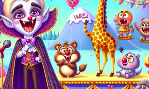 Un vampiro di nome Vladimiro, con la pelle viola chiaro e occhi brillanti, indossa un mantello scintillante. Ha un grande sorriso malizioso ed è molto felice, ridendo a crepapelle. Accanto a lui, una giraffa di nome Gilda, con un lungo collo e macchie dorate, è su una scala mentre racconta una barzelletta a un gruppo di creature divertite. Sullo sfondo, una marmotta di nome Miss Marmellata, con pelo marrone e occhiali rotondi, è in piedi sulle zampe posteriori, ridendo mentre cerca di non cadere. La scena si svolge nella Piazza delle Risate, un luogo colorato pieno di palloni a forma di narici, gelatina che tremola sulle montagne e creature strane che applaudono. Al centro, un grande podio decorato con festoni luminosi ospita un concorso di barzellette. La situazione principale mostra Vladimiro, il vampiro, mentre racconta una barzelletta esilarante, mentre il pubblico scoppia a ridere, creando un'atmosfera gioiosa e festosa.