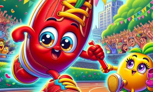 Zippy, un pequeño zapato rojo brillante con ojos chispeantes y una gran sonrisa, corre con entusiasmo en una pista de atletismo, sus cordones flotando detrás de él como alas. Expresa una alegría contagiosa, sus pequeñas suelas golpeando el suelo con determinación. A su lado, Lila, una zapatilla deportiva amarilla brillante, salta con energía, sus ojos brillando de apoyo y emoción, mientras anima a Zippy a ir más rápido. Max, un zapato elegante y brillante, se queda un poco atrás, frunciendo el ceño, pero con un destello de admiración en sus ojos, observando al dúo con un mezcla de desafío e interés. El lugar es un parque central animado, con árboles verdes, flores coloridas y una multitud alegre que aplaude alrededor de la pista. La situación principal muestra a Zippy corriendo a toda velocidad, listo para pasar el testigo a Lila, mientras que Max, en el fondo, comienza a darse cuenta de la importancia del trabajo en equipo, una sonrisa tímida apareciendo en su rostro.