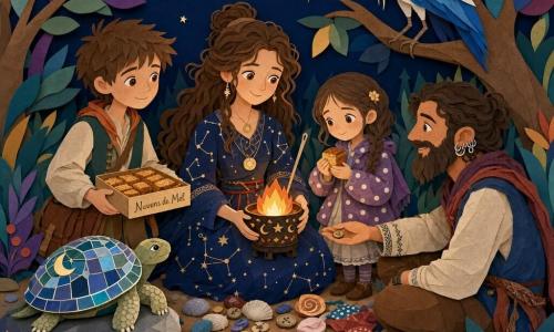 Laí, mulher sorridente e concentrada, segura com as duas mãos uma pequena brasa quente; veste um vestido de algodão com motivos de constelações e segura uma agulha longa como um bastão, seus olhos brilham de ternura. Uma menina de cerca de 7 anos, tímida e curiosa, estende um pedaço de bolo de mel para a brasa; ela usa uma jaqueta de bolinhas e fica um pouco atrás, mãos juntas. Um homem adulto, barbudo e jovial, com sete pequenos anéis de prata nas orelhas, está sentado junto ao fogo e coloca um botão de madeira perto da brasa. Um garoto vendedor de bolos, cerca de 12 anos, segura uma caixa de nuvens de mel, sorri e oferece um bolo à menina, à direita de Laí. Uma grande garça branca com uma pena azul vívida numa asa está empoleirada numa rama baixa acima do grupo, inclinando a cabeça para a brasa como se vigiasse. Uma tartaruga de carapaça mosaico, sobre uma pedra à esquerda do fogo, observa com sabedoria lenta; suas placas refletem lampejos de luar. A clareira é cercada por árvores de troncos como papel recortado, folhas em camadas coloridas, chão coberto de pequenas pedras brilhantes e guirlandas de tecido; a noite é suave, céu estrelado em papel azul profundo. Todos formam um círculo em torno de uma pequena chama não queimante que emite luz âmbar; cada um oferece um objeto (concha, botão, tecido) e sorri — a cena representa partilha, calor comum e tolerância, com estilo nítido, contraste de cores vivas, texturas recortadas e sombras simples.