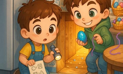Há dois personagens: Tomás, rapaz de cerca de 11 anos, cabelo castanho curto, olhos curiosos, camiseta amarela e jardineira azul, ajoelhado junto à abertura secreta na parede com uma pequena lanterna na mão esquerda e uma folha com desenhos de códigos na direita; Duarte, também cerca de 11 anos, cabelo castanho despenteado, sorriso malicioso, sweatshirt verde-claro e jeans, semi-agachado atrás de Tomás, segurando um ovo de chocolate azul brilhante na palma direita e uma corda violeta trémula na esquerda. Local: cozinha transformada em passagem secreta, chão de azulejos brancos e azuis, um azulejo florido antigo na parede entreaberto revela um corredor estreito de madeira com entalhes de coelhinhos e galinhas e pedras cintilantes no chão, luz dourada quente vindo da sala secreta. Situação: os dois descobrem a entrada do corredor; uma faixa violeta sobre uma mesa vibra suavemente; uma mesa redonda de madeira na sala secreta está coberta de cestas de ovos coloridos e instrumentos de jogo (régua, tiras de papel, canudinhos e marshmallows); atmosfera de maravilha, cores pastel saturadas, embalagens brilhantes e reflexos suaves da lanterna.