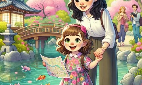 Een 4-jarig meisje genaamd Anna staat aan de rand van een prachtige waterpartij in een Japanse tuin. Ze heeft grote, nieuwsgierige ogen, krullend kastanjebruin haar en draagt een kleurrijke jurk met bloemenpatronen. Ze glimlacht blij terwijl ze een kaart in haar kleine handen vasthoudt, klaar om te verkennen. Naast haar staat haar moeder, een vrouw in de dertig met lang zwart haar, gekleed in een lichte blouse en comfortabele broek. Ze kijkt naar Anna met een vriendelijke glimlach, die haar nieuwsgierigheid aanmoedigt. Iets verderop staat haar vader, een man in de dertig met bruin haar en een lichte baard, die een camera vasthoudt, klaar om dit magische moment vast te leggen. De locatie is een betoverende Japanse tuin, vol bloeiende kersenbomen met roze bloemblaadjes, stenen lantaarns en kleine houten bruggen die over sprankelende beekjes lopen. Kleurrijke vissen zwemmen in het heldere water van de kleine vijver, terwijl vogels vrolijk in de bomen zingen. De hoofdactie toont Anna, verwonderd, die net haar kaart onder een steen bij de rivier heeft gevonden. Ze heft haar armen in een overwinningsteken, terwijl haar moeder en vader haar aanmoedigen met glimlachen, wat een sfeer van vreugde en avontuur creëert.