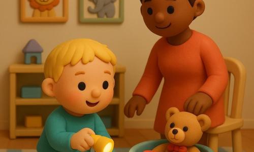 Zweijähriger Junge, freudig und konzentriert, rundes Gesicht, kurze blonde Haare, rosa Backen, große glänzende Augen, kniet und hält eine kleine gelbe Taschenlampe, die auf ein Spielzeugkörbchen mit einer roten Auto leuchtet; eine etwa 30-jährige Mutter mit sanftem Lächeln und braunem Dutt steht dahinter, Hand auf der Stuhllehne, wohlwollender Blick; hellbrauner Teddybär mit roter Schleife neben dem roten Auto im Korb; Kinderzimmer mit hellblau-weiß gestreiftem Kuschelteppich, niedrigen pastellfarbenen Holzregalen, cremefarbenen Wänden mit lustigen Tierpostern und warmer, weicher Beleuchtung; Szene als kleiner Detektiv-Moment, glatte, matte, plastilinartige Textur, einfache Blickführung, zentrierte Komposition, kräftige Kontraste, runde weiche Silhouetten und leichte Schatten für Tiefe.