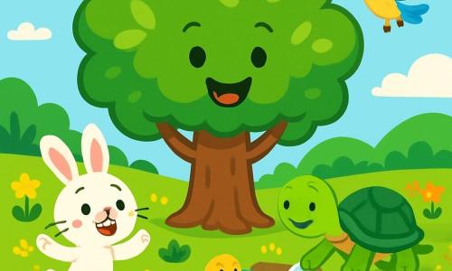 Een grote groene boom genaamd Bobo, met een dikke stam en glanzende bladeren, staat in het midden van de scène, vrolijk glimlachend. Zijn takken strekken zich wijd uit en bieden schaduw aan zijn vrienden. Aan zijn voeten springt een klein wit konijn genaamd Kiki, met grote oren en sprankelende ogen, enthousiast rond en toont zijn vreugde om te leren de natuur te beschermen. Dichtbij observeert een wijze schildpad genaamd Sammy, met een groene schild en slimme ogen, de scène met een tevreden glimlach, terwijl een klein kleurrijk vogeltje genaamd Lila, met gele en blauwe veren, om Bobo heen vliegt en vrolijk zingt. De achtergrond is een prachtig natuurreservaat, met schitterende bloemen in alle kleuren, een glinsterend beekje en groene heuvels. De hoofdscène toont Bobo en zijn vrienden die een klein wateroppervlak schoonmaken, vrolijk afval opruimend om de habitat van de eenden te beschermen die rustig in het beekje zwemmen.