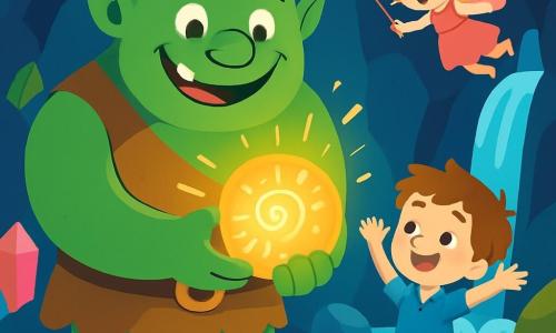 Ein großer Ogre mit smaragdgrüner Haut, breiten Schultern und funkelnden, freundlichen Augen steht im Zentrum der Szene. Sein Gesicht wird von einem breiten Lächeln erhellt, das weiße, glänzende Zähne zeigt. In seinen Händen hält er ein wunderschönes, leuchtendes Artefakt, das sanft golden strahlt. Neben ihm steht ein kleiner Junge namens Felix, 8 Jahre alt, mit zerzausten braunen Haaren und neugierigen Augen, der den Ogre bewundernd ansieht. Er trägt eine blaue Tunika und eine Stoffhose und steht auf den Zehenspitzen, die Arme vor Freude erhoben. Etwas weiter fliegt eine kleine Fee namens Lila mit funkelnden, rosa Flügeln um sie herum. Sie hat ein schelmisches Gesicht und goldene Haare, die in der Luft schweben. Sie schwingt einen kleinen Zauberstab und verleiht der Szene einen Hauch von Magie. Der Hintergrund ist eine wunderschöne Höhle mit kristallklaren, bunten Wänden, die das goldene Licht des Artefakts reflektieren. Im Hintergrund fällt ein prächtiger Wasserfall in ein kleines Becken und schafft eine märchenhafte Atmosphäre. Die Hauptsituation zeigt den Ogre, Felix und Lila, die ihre Entdeckung des magischen Artefakts feiern, umgeben von Licht und Freude, was Freundschaft und Abenteuer symbolisiert.