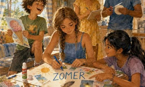 Een 12‑jarige meid met losse vlecht en lichtbruine haren, een paar sproeten, zachte geconcentreerde blik en trotse maar verlegen uitstraling zit aan een houten tafel en schrijft met een blauwe stift groot "ZOMER" op een affiche terwijl ze knipsels plakt; links staat Milo (ongeveer 9) met warrig bruin haar en een guitige glimlach, hij houdt lachend een grote afbeelding van een reuzenijsje vast met een voet op een stoel; rechts hurkt Noor (ongeveer 11) met zwart paardenstaart en heldere rustige blik en wijst naar een kleine tekening van een vuurvliegje op de affiche; op de achtergrond vaag de ouders: de moeder schrijft in een notitieboekje en de vader knipt een rond kaartje; binnenkant van een gezellig vakantie‑mobilhome, zacht zonlicht door een gestreept gordijn, rommelige tafel met kleurrijke brochures, papiersnippers, een gedroogde veer en een geplakt kassabonnetje, open raam met pijnbomen en blauwe lucht; familiale affichemakerssessie in pastel‑aquareltinten, warme sfeer met kleef-, hou‑ en wijzende handelingen, zichtbare inktvlekjes en papiersnippers voor een levendig effect.