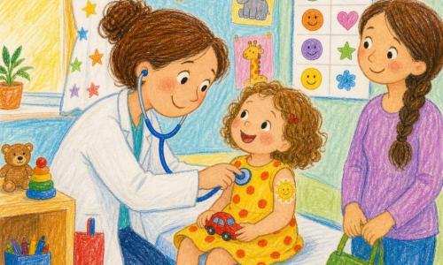 A smiling, kind female doctor with brown hair in a bun and a white coat with a red pocket leans her head to listen to a little girl's heart with a blue stethoscope; the ~4-year-old girl has short curly hair, wears a yellow dress with red polka dots, sits on the exam table laughing slightly and holds a small red toy car, a large sun-shaped bandage is on her arm; the mother, with long braided hair, stands nearby looking relieved and holding a green handbag; the bright consultation room has pastel blue and green walls, animal posters, a colorful care chart with stickers, a low shelf with toys, and warm light from a window with a star-patterned curtain, creating a calm, reassuring atmosphere.