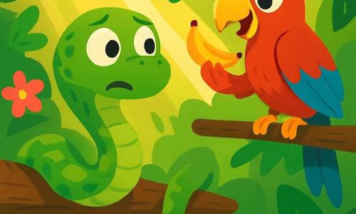 Un serpente verde brillante, chiamato Serafino, si contorce su un ramo, apparendo preoccupato e sorpreso. Accanto a lui, un pappagallo dai colori vivaci, rosso e blu, osserva Serafino con un sorriso malizioso, tenendo una piccola banana nel becco. La scena si svolge in una giungla lussureggiante, piena di grandi foglie verdi, fiori colorati e raggi di sole che filtrano tra gli alberi. Serafino, alla ricerca della sua banana scomparsa, scruta la giungla con determinazione, mentre il pappagallo sembra pronto a prendere in giro il suo amico.