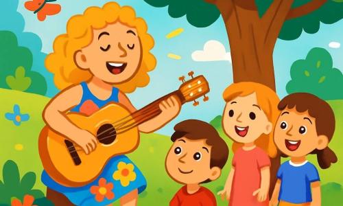Una mujer alegre, con cabello rizado y dorado, sonriente y llena de vida, toca una guitarra brillante bajo un gran árbol. Lleva un vestido colorido con patrones florales y sandalias. A su lado, un niño curioso de unos 7 años, con cabello castaño y ojos brillantes, escucha atentamente, sentado en la hierba con las manos sobre las rodillas. Un grupo de tres niños, dos niñas y un niño, de entre 5 y 6 años, se encuentra alrededor de ellos, cautivados por la música, con los ojos abiertos y sonrisas radiantes. El lugar es un parque soleado, lleno de flores coloridas, árboles verdes y mariposas revoloteando en el aire. La escena transmite una atmósfera alegre y mágica, con rayos de sol filtrándose a través del follaje. La mujer canta una suave melodía, y los niños la escuchan con asombro, creando un ambiente de felicidad y compartir.
