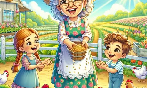 Nonna Rita, una donna di circa 70 anni, è al centro della scena con un ampio sorriso. Ha capelli bianchi e ricci, un cappello di paglia e indossa un vestito colorato a fiori. Sta mostrando ai bambini come nutrire le galline, tenendo un piccolo secchio di semi. Alla sua destra, Luca, un ragazzo di 8 anni con capelli castani e occhi brillanti, è accovacciato e lancia semi alle galline sorridendo. Alla sua sinistra, Sofia, una ragazza di 7 anni con capelli rossi e trecce, ride guardando le galline avvicinarsi. La scena è ambientata in una fattoria soleggiata, circondata da campi verdi e fiori colorati, con un orto rigoglioso sullo sfondo e un cielo blu punteggiato di nuvole bianche. L'atmosfera è gioiosa e divertente, piena di risate e apprendimento sulla vita in fattoria.