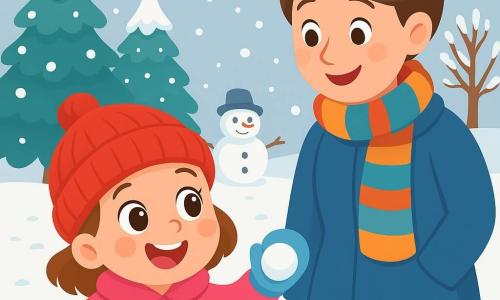 Una niña de 2 años, con grandes ojos brillantes y una sonrisa radiante, juega en la nieve. Lleva un abrigo rosa brillante, un gorro de lana rojo y guantes azules. Sus mejillas están sonrojadas por el frío y ríe al lanzar una bola de nieve. A su lado, su mamá, una mujer sonriente de unos 30 años con el cabello castaño recogido en un moño, la observa con ternura. Ella viste un abrigo azul y una bufanda colorida, junto a un árbol cubierto de nieve. El escenario es un parque invernal, con copos de nieve cayendo suavemente del cielo gris claro. Majestuosos abetos cargados de nieve se alzan al fondo, y huellas en la nieve conducen a un pequeño muñeco de nieve con un sombrero de fieltro. La escena principal muestra a la niña divirtiéndose haciendo una bola de nieve, llena de alegría y asombro, mientras su mamá la anima con una cálida sonrisa.