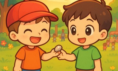Twee ongeveer 6‑jarige jongens in chibi‑kawaii‑stijl: een blije, trotse jongen met een rode pet en blauwe sneakers lacht en houdt een glanzend steentje vast terwijl een vriend met bruin haar en groen T‑shirt het steentje aanbiedt; op de achtergrond een circa 30‑jarige moeder met lichtteint en opgeschoren kastanjebruin haar zittend op een picknickdeken, zonnig park met groene grasmat, bomen en bloemen, diverse mensen vaag op de achtergrond, warme schemerzonlicht, heldere contrastrijke kleuren en zachte texturen, compositie gecentreerd op de twee jongens.