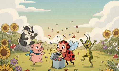 Una piccola coccinella rossa a sette punti neri, occhi rotondi lucenti, ali semiaperte, posa una zampa su una scatola argentata che apre; Gino il grillo sottile verde oliva sorride e salta a destra della scatola con un'antenna alzata; Pina la piccola maialina rosa con guance paffute e un nastro blu danza a sinistra ridendo; Tito il tasso tozzo a strisce nere e bianche siede su una pietra vicino ridendo; il campo è pieno di fiori multicolori, erba verde, qualche fungo rosso e un cielo azzurro con nuvolette; luce calda del tardo pomeriggio, atmosfera festosa: gli amici scoprono un tesoro di caramelle colorate nella scatola argentata, reazioni entusiaste, coriandoli e petali che volano intorno.