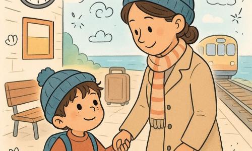 A tender scene on a sunny seaside train platform: a happy, curious 4-year-old boy with tousled brown hair, round cheeks and freckles, wearing a small blue backpack, soft socks and a blue beanie, holds his mother's hand and watches the tracks in wonder; the mother, about 30–35, smiling and gentle with chestnut hair in a bun, wearing a beige coat and striped scarf, leans in to speak to him. Colorful signs, wooden benches, rolling suitcases, a round wall clock and patches of light on tiled floor; pastel tones and childlike doodles of shells and clouds suggest a warm, anticipatory atmosphere as luggage rattles and a train clacks in the distance.