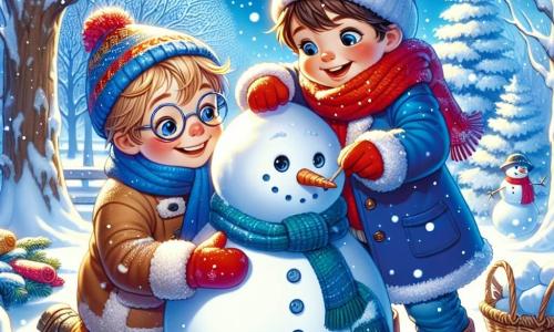 Un ragazzo di 9 anni, con i capelli castani e le guance arrossate dal freddo, sta costruendo un pupazzo di neve in un parco innevato. Indossa un grosso cappotto blu, una sciarpa rossa e un berretto colorato, e il suo viso esprime una gioia splendente e una concentrazione divertita. Accanto a lui, il suo migliore amico Marco, anch'egli di 9 anni, con i capelli biondi e occhiali tondi, lo aiuta a raccogliere neve per formare il corpo del pupazzo. Sono circondati da un paesaggio invernale incantevole, con alberi coperti di neve scintillante e un cielo blu brillante. La scena mostra l'eccitazione e l'amicizia dei due ragazzi mentre creano insieme un personaggio di neve, con fiocchi di neve che cadono dolcemente intorno a loro.