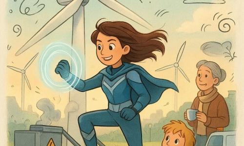 Een heldhaftige vrouw, glimlachend en vastberaden, bruine haren in de wind, blauw-zilveren tenue met korte cape, activeert een lichtgevende armband en vormt een zichtbaar luchtring; geconcentreerd gezicht, dynamische houding op de onderhoudstrap van een grote windmolen. Pim, ongeveer 7 jaar, warrig blond haar, houdt een klein grijs robotje en kijkt naar de stad in de verte, nieuwsgierig en opgelucht bij het gras op de achtergrond. Mira, bibliothecaresse van in de vijftig met grijzend haar in een knot en een sjaal, houdt een kop thee en kijkt dankbaar naar de heldin bij een klein interventievoertuig. Locatie: windmolenpark bij schemering met draaiende witte wieken, groene grasvlakten, grijze kasten met stickers en een lichte nevel voor de verre stad. Situatie: de heldin blokkeert een rokende machine aan de basis van een windmolen; een transparante spiralerende windring drijft groene damp weg; optimistische sfeer, warme contrasten, actie en samenwerking centraal.