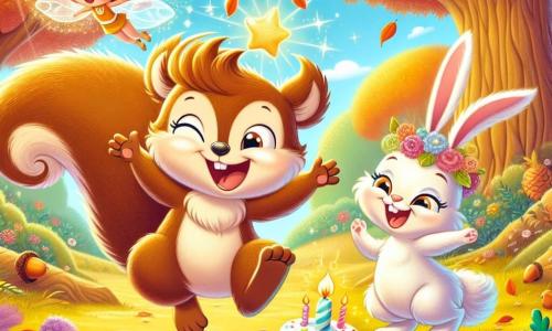 A little squirrel named Nutty, with soft brown fur and a bushy tail, jumps for joy in a sunny clearing, his face radiating happiness for his birthday. Next to him, a small rabbit named Pip, with big ears and white fur, smiles enthusiastically while holding a small carrot decorated like a birthday cake. In the sky, a sparkling fairy named Twinkle, with shiny wings and a dress made of flower petals, joyfully flutters above them, spreading magical dust. The clearing is surrounded by majestic trees with colorful leaves, and the ground is scattered with golden leaves and shiny acorns. Nutty and Pip dance together while Twinkle watches them with a smile, creating a festive and magical atmosphere to celebrate Nutty's birthday.