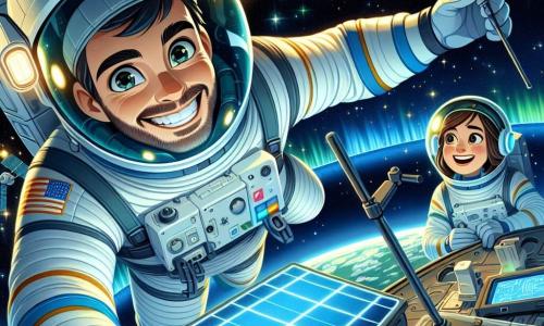 Um astronauta homem, Miguel, flutua alegremente no espaço, com um grande sorriso iluminado pela luz das estrelas. Ele usa um traje espacial branco e prateado, com um capacete transparente que reflete as cores das auroras boreais ao fundo. Seus olhos brilham de maravilha e excitação enquanto ajusta o mini-satélite que acabou de construir. Perto dele, Ana, uma jovem de cerca de 30 anos, observa atentamente do módulo espacial. Ela tem cabelos castanhos presos em um rabo de cavalo e veste um traje de controle azul. Ela sorri com orgulho enquanto segura uma tela de controle, analisando os dados do satélite. O local é uma estação espacial flutuante, cercada por um céu negro estrelado, com painéis solares cintilantes e janelas que mostram a Terra abaixo, azul e verde. Luzes piscantes e instrumentos tecnológicos adicionam um toque futurista ao ambiente. A cena principal mostra Miguel fixando o mini-satélite no braço do painel solar, enquanto um suave alarme luminoso se acende, sinalizando que tudo está funcionando perfeitamente. As auroras dançam ao fundo, criando uma atmosfera mágica e inspiradora.
